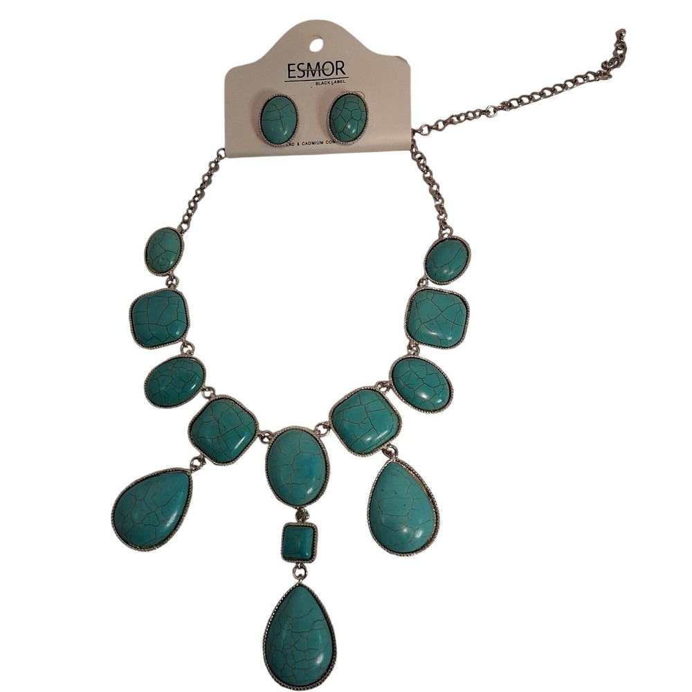 Turquoise Color Statement Necklace & Matching Earrings Set Silver Tone